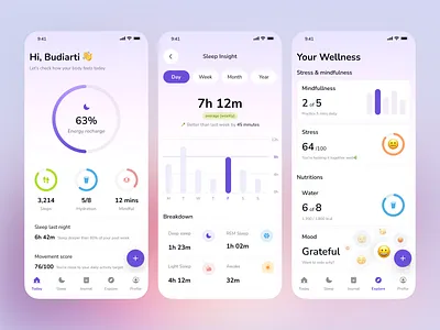 Activity & Sleep Mobile App activity chart clean daily dashboard fitness gradient habit health app mindfulness minimal mobile app product design sleep tracker ui design ux design wellbeing wellness app