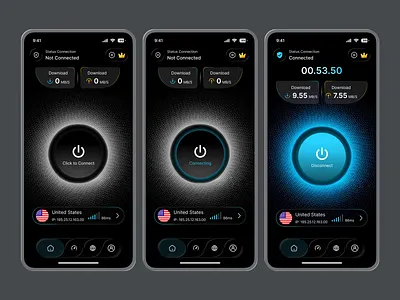VPN — Mobile App UI Design app design cyber security dark ui dashboard ui digital product futuristic ui interaction design internet iot app minimal design mobile app modern ui network security privacy secure connection speed test ui design vpn vpn app vpn mobile app