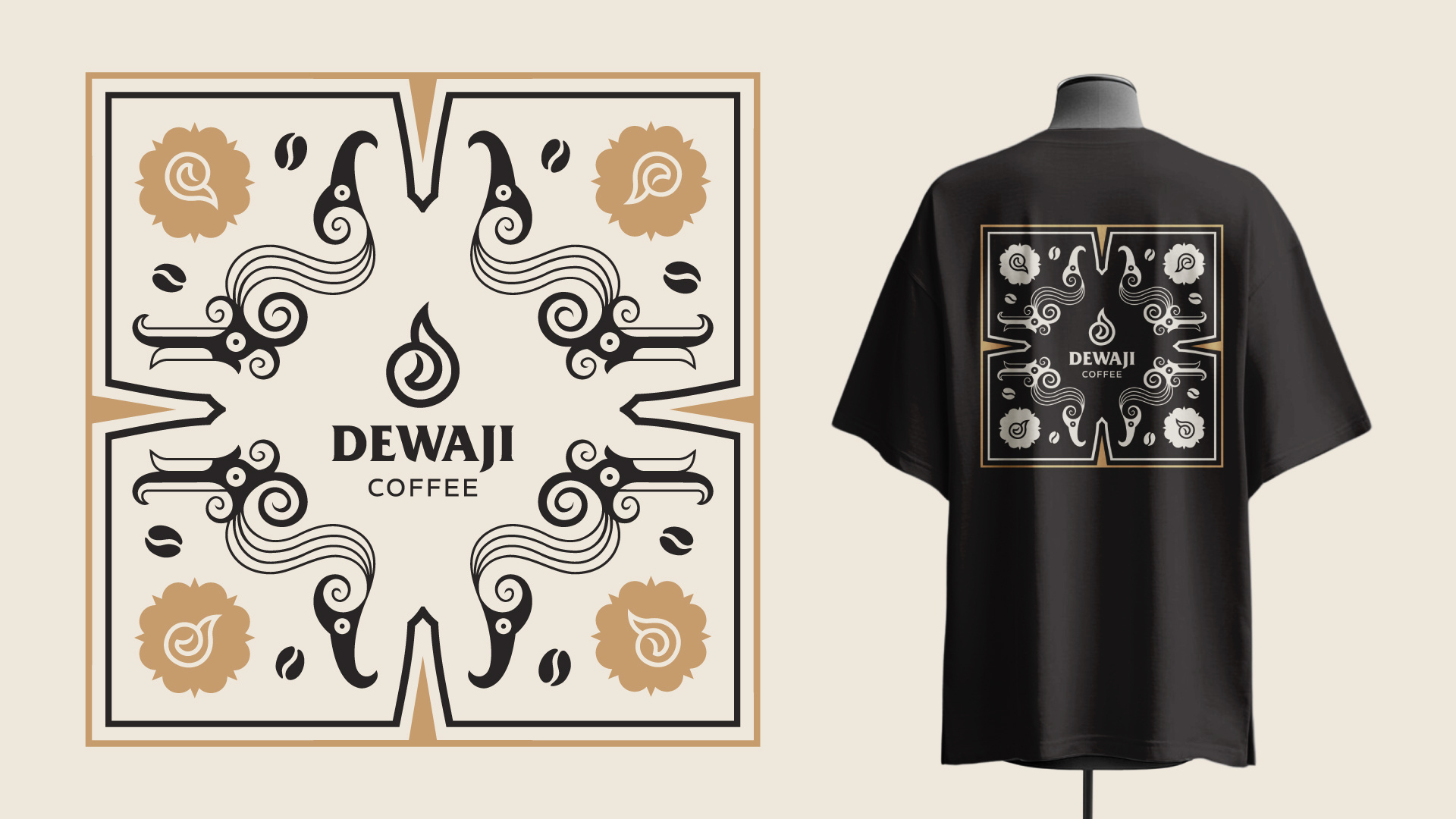 Design T-shirt Dewaji Coffee Shop black branding coffee color cream design design tshirt graphic design illustration indonesia logo logo design mockup pantone shirt tshirt