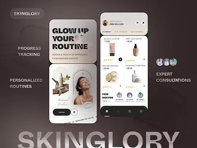 Skinglory : Unleash Your Beauty, Shop with Confidence aesthetic app design beauty app beauty tech case study clean design concept app minimal mobile app mobile ui modern ui portfolio product design self care skincare soft colors ui design ui exploration ux design wellness