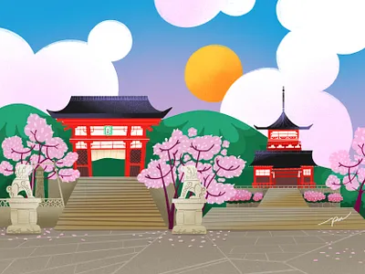Kyoto ancient blosom building cartoon character cherry color culture cute design illustration japan kyoto landscape sakura temple