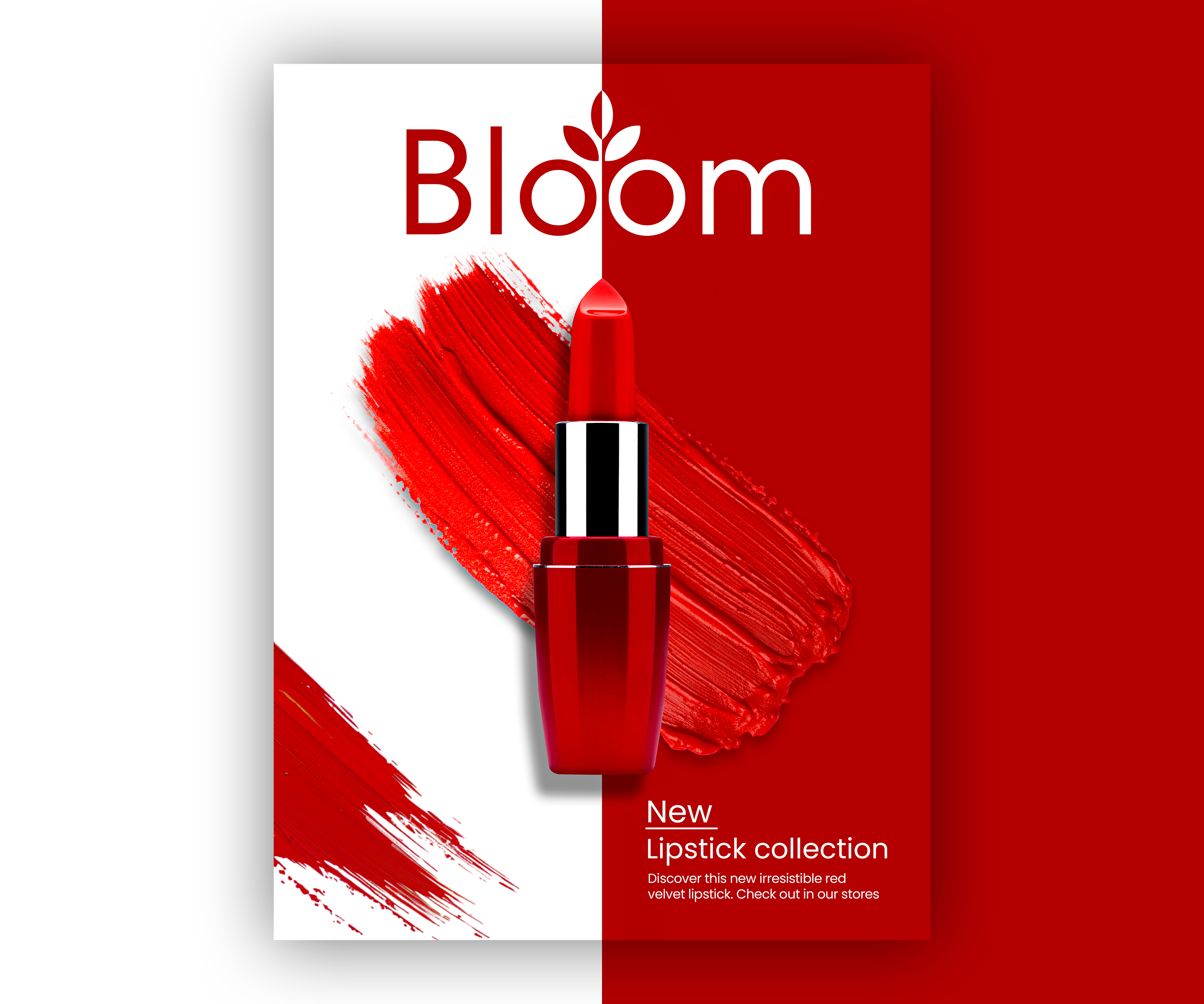 Bloom Lipstick Brand Poster Design | Red Velvet Cosmetic Product beauty advertising design beauty product advertisement bloom lipstick branding cosmetic branding design cosmetic poster cosmetic social media design design dribbble graphic design lipstick poster design lipstick product design luxury lipstick branding makeup branding makeup poster modern beauty poster red lipstick design red velvet lipstick skincare and beauty branding typography