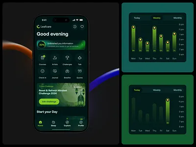 Leafcare Mental Health App Design 7 days challenges app ai to challenge app anxiety app better sleep app burnout solve app course mental health app health app interface design journal app leafcare app meditation app mental care health app design mental health app mind body care app mobile design product design sleep app sleep problem app wellnees platfrom app