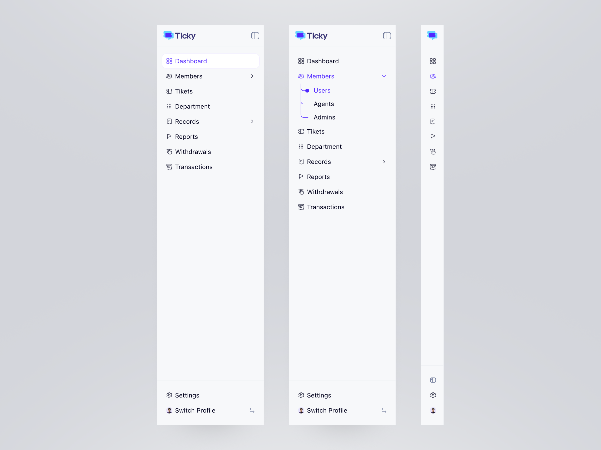 Sidebar Navigation UI for SaaS Dashboard - Ticky Admin UX Design ai clean dashboard design fintech hero interface landing page minimal navigation saas search sidebar sidebar ui ticket ui ui design ux ux design web app