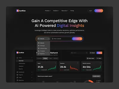 SunRize - Analytics SaaS Website ai powered ai saas analytics analytics dashboard b2b dark mode dashboard data anaytics data driven data visualization landing page modern saas saas analytics saas website web design website website design