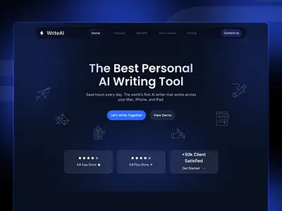 Writing AI Website – SaaS Landing Page UI Design | Dark Mode ai product design ai saas design ai website design ai writing tool app conversion focused design dark mode ui figma website design graphic design hassan landing page ui modern website design rakib saas landing page saas ui design startup website ui ui ux ui design web ui design writing ai website