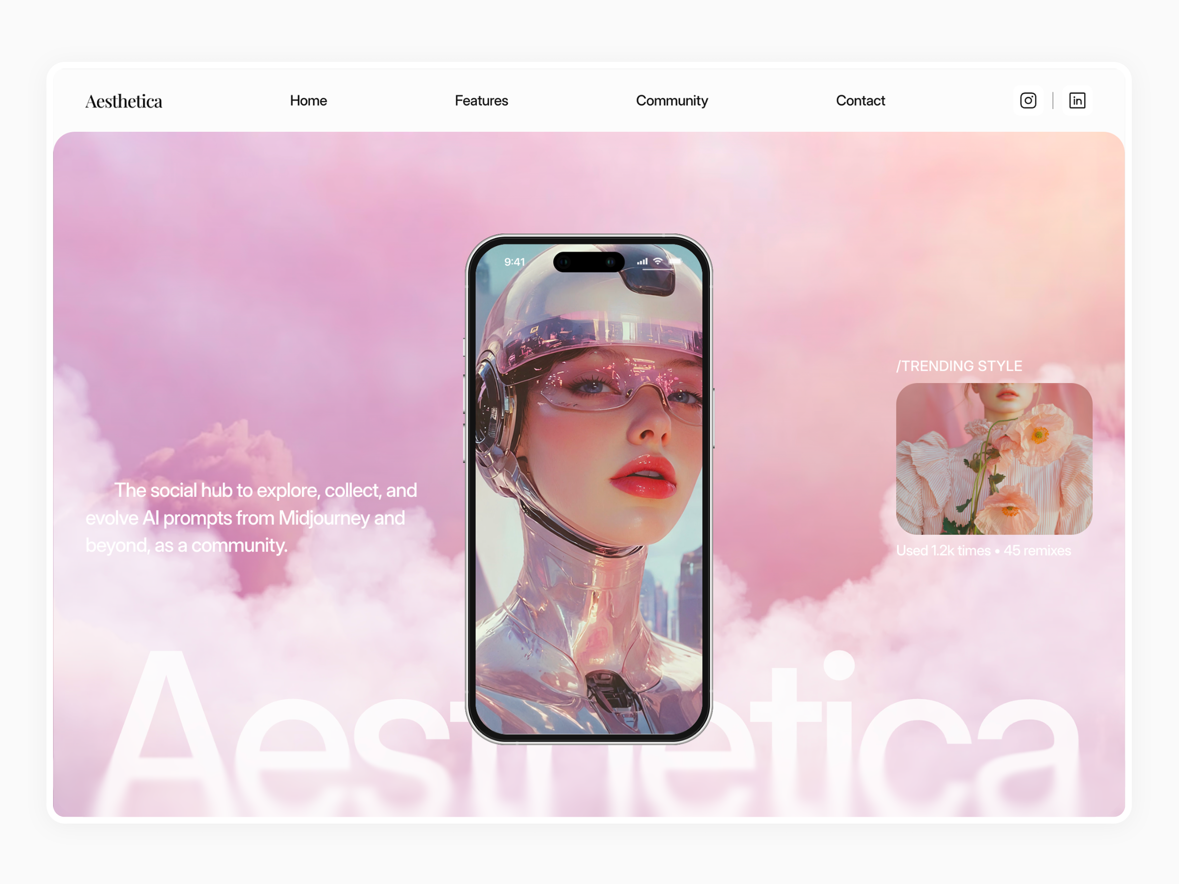 Aesthetica — AI Prompt Community Landing Page ai branding community framer template free template generative ai global design illustration design landing page pink design prompt prompt library ui ui design ux design web design
