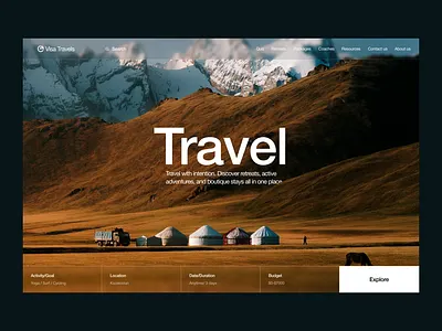Travel & Retreat Booking Website UI – Hero Section Exploration adventure travel booking website branding design figma graphic design hero section homepage design illustration logo luxury travel retreat website tourism website travel landing page travel ui travel website ui uiux ux web design