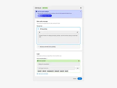 Edit Greeting block ai commands configuration edit fields greeting inputs modal options saas set up settings tags ui ux voice web window workflow