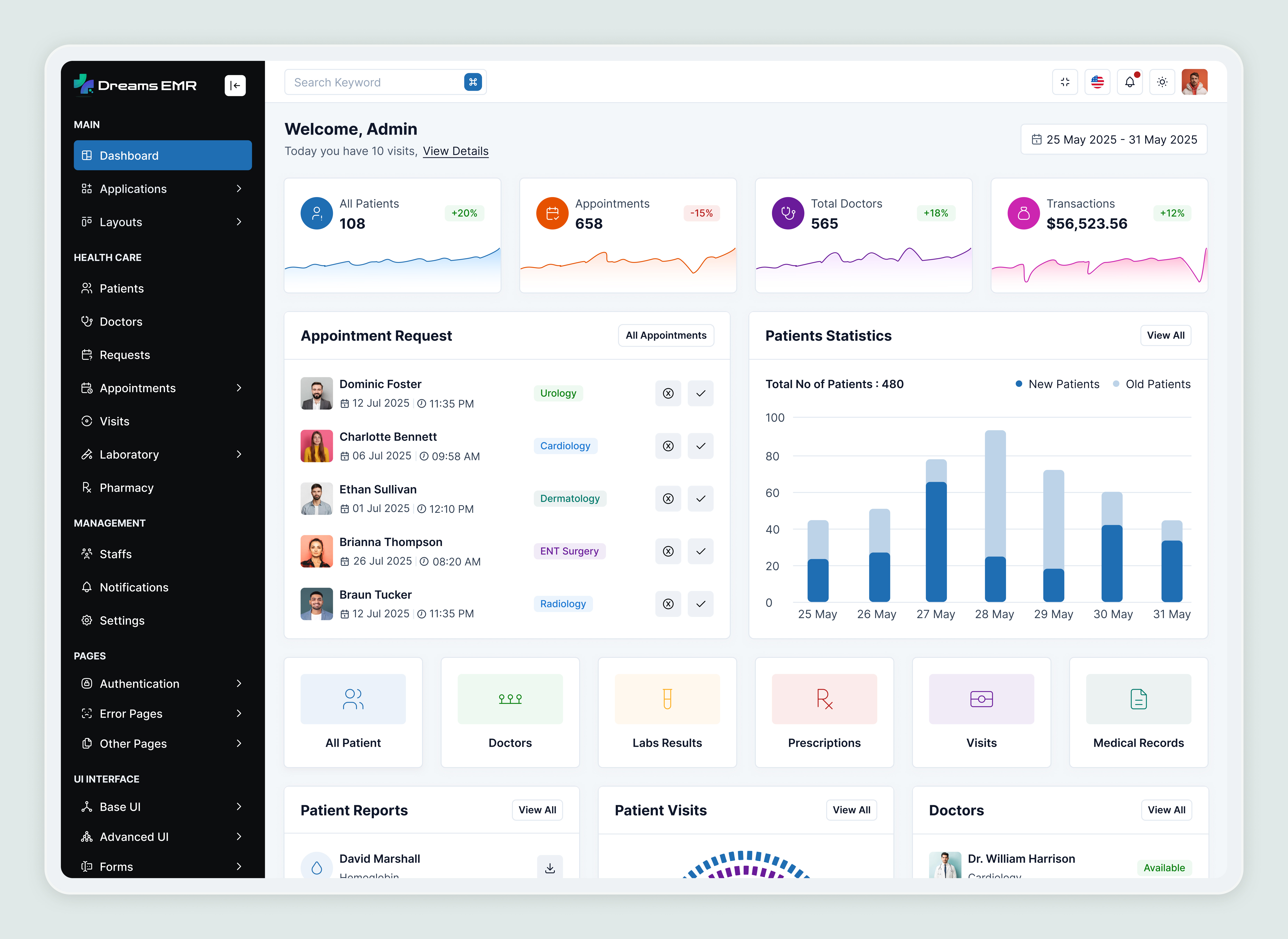 DreamsEMR: Complete Electronic Medical Records Dashboard appointment booking clinic management clinical dashboard doctor dashboard electronic medical records emr template health management system health tech interface healthcare application healthcare dashboard healthcare ui design hospital admin hospital dashboard hospital template medical admin panel medical records system medical software design medical ui kit patient management patient portal design