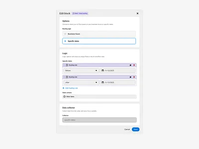 Edit Date/Time routing Block b2b buttons call center configuration dates desktop edit logic modal options paths radio routing rules saas settings ui ux web workflow