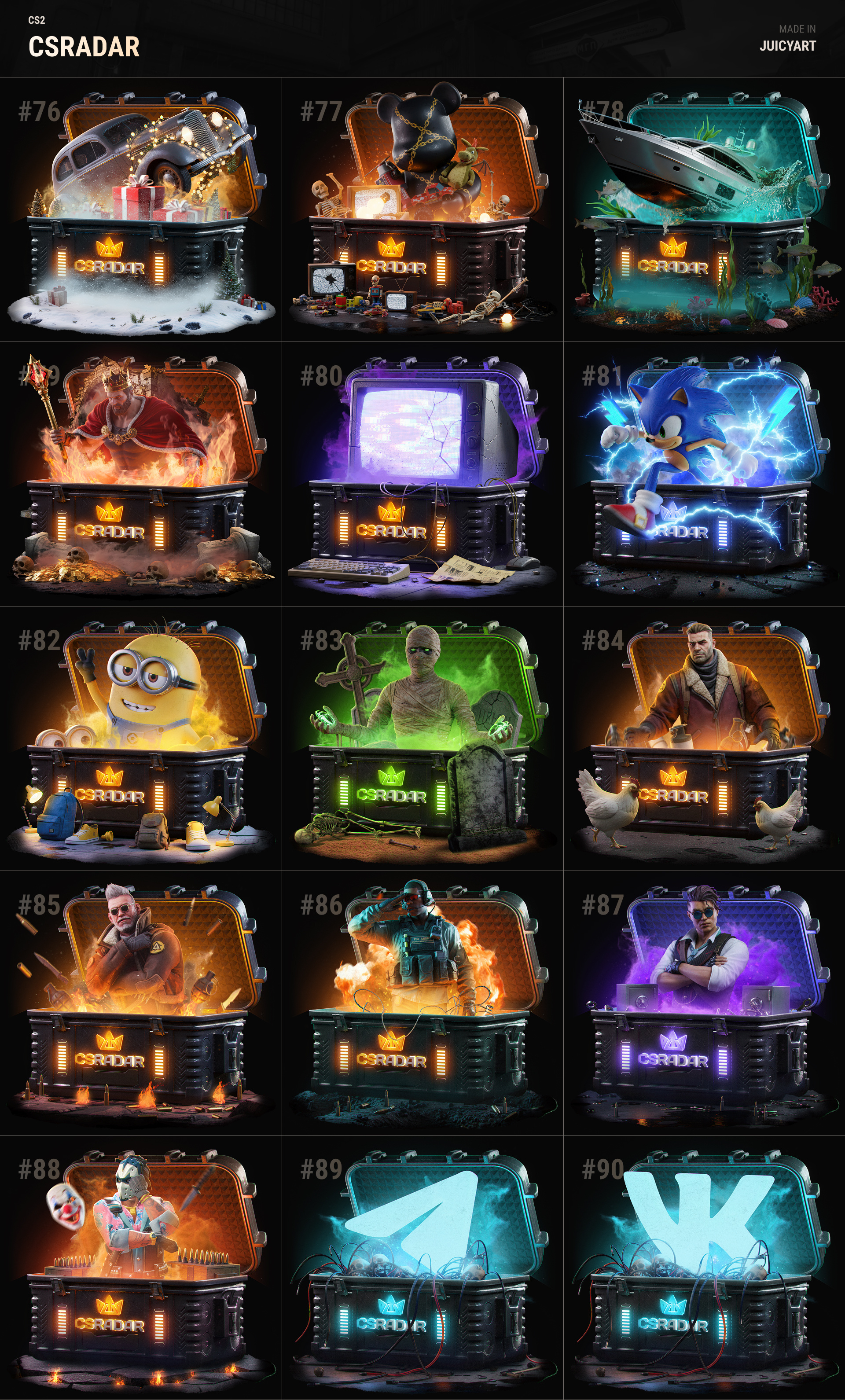CS RADAR 2026: Cases CS2 3d blender boxes cases cs2 csradar design gambling game igaming juicyart open cases