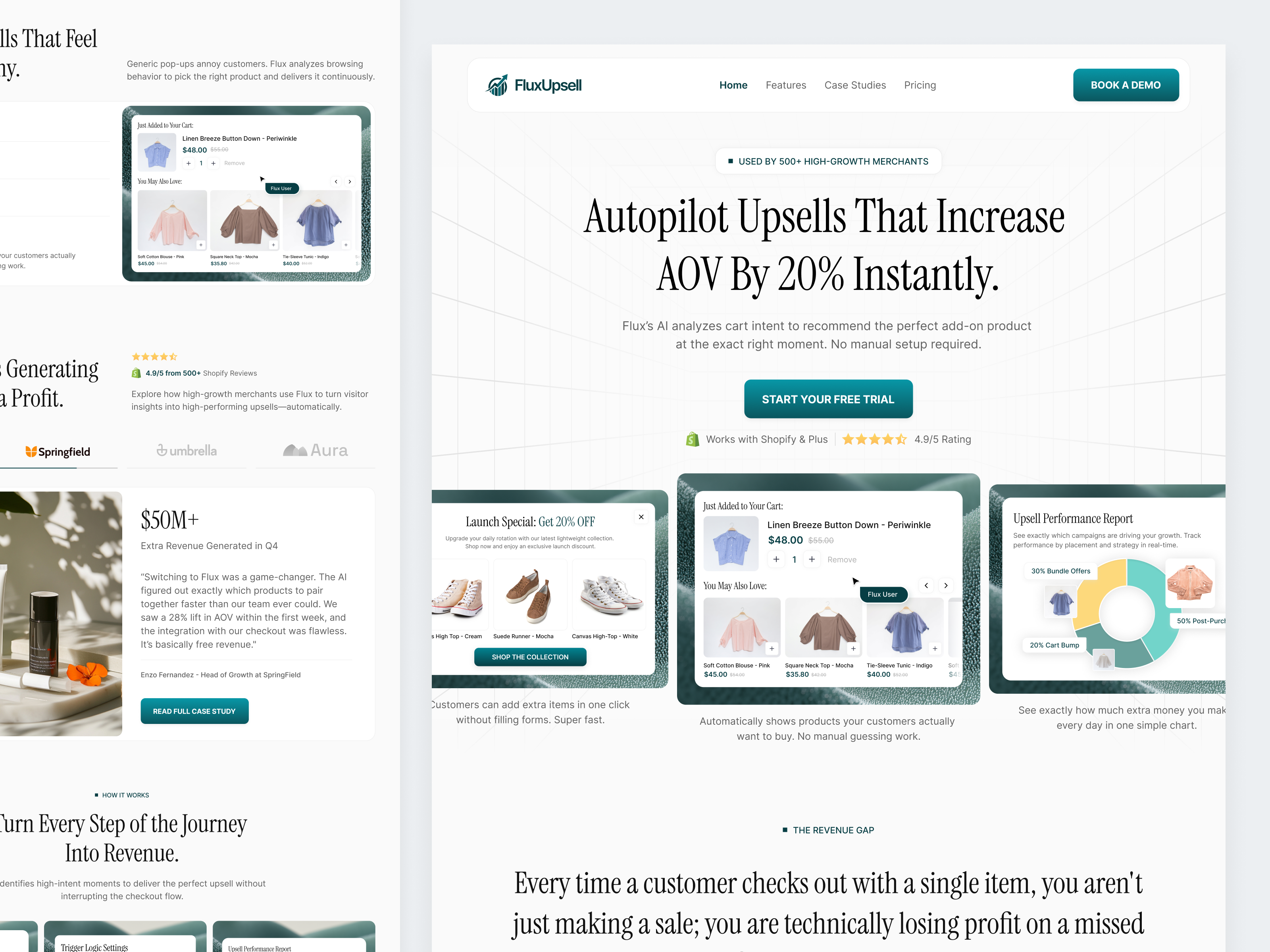 FluxUpsell — Intelligent Upsells Landing Page b2b checkout clean ecommerce landing page online shop pop up product design saas shop shopify shopify design shopify website store ui ui ux upsell ux web design webflow design