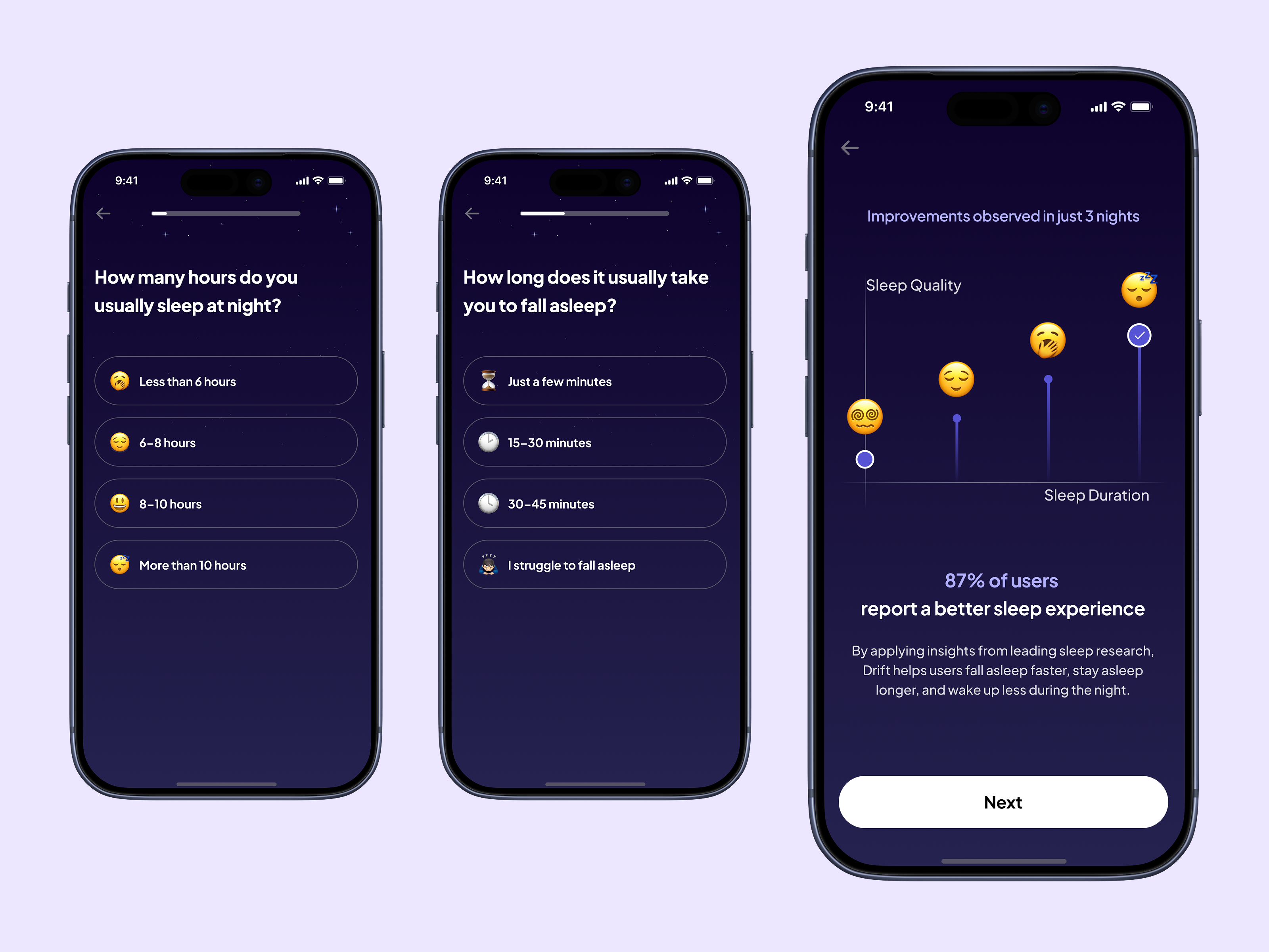 Sleep App Onboarding Experience calmdesign darkmode healthtech minimalui mobileux onboardingux productdesign relaxationapp sleepapp uidesign uxui wellnessapp