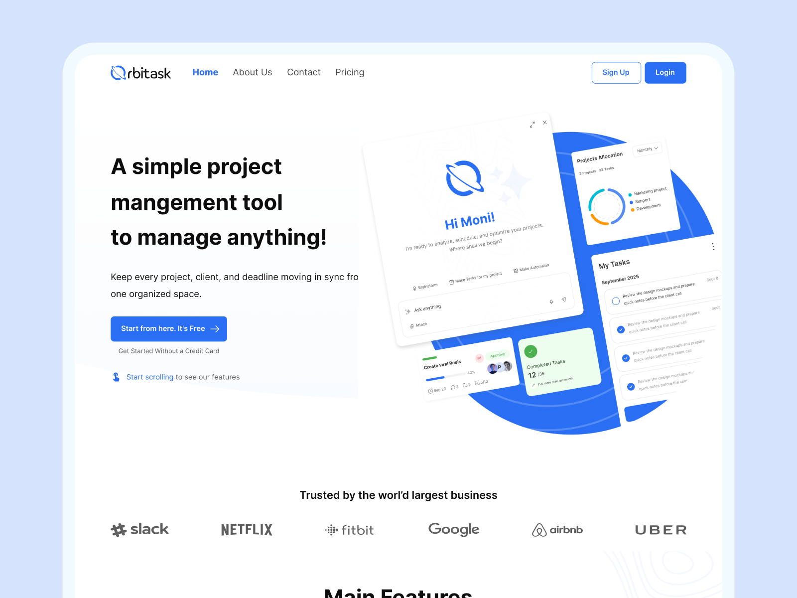 Orbitask — Project Management Landing Page cleanui dashboard dashboards design landingpage landingpagedesign minimaldesign modern responsivewebdesign saasdesign taskmanagement ui uiux