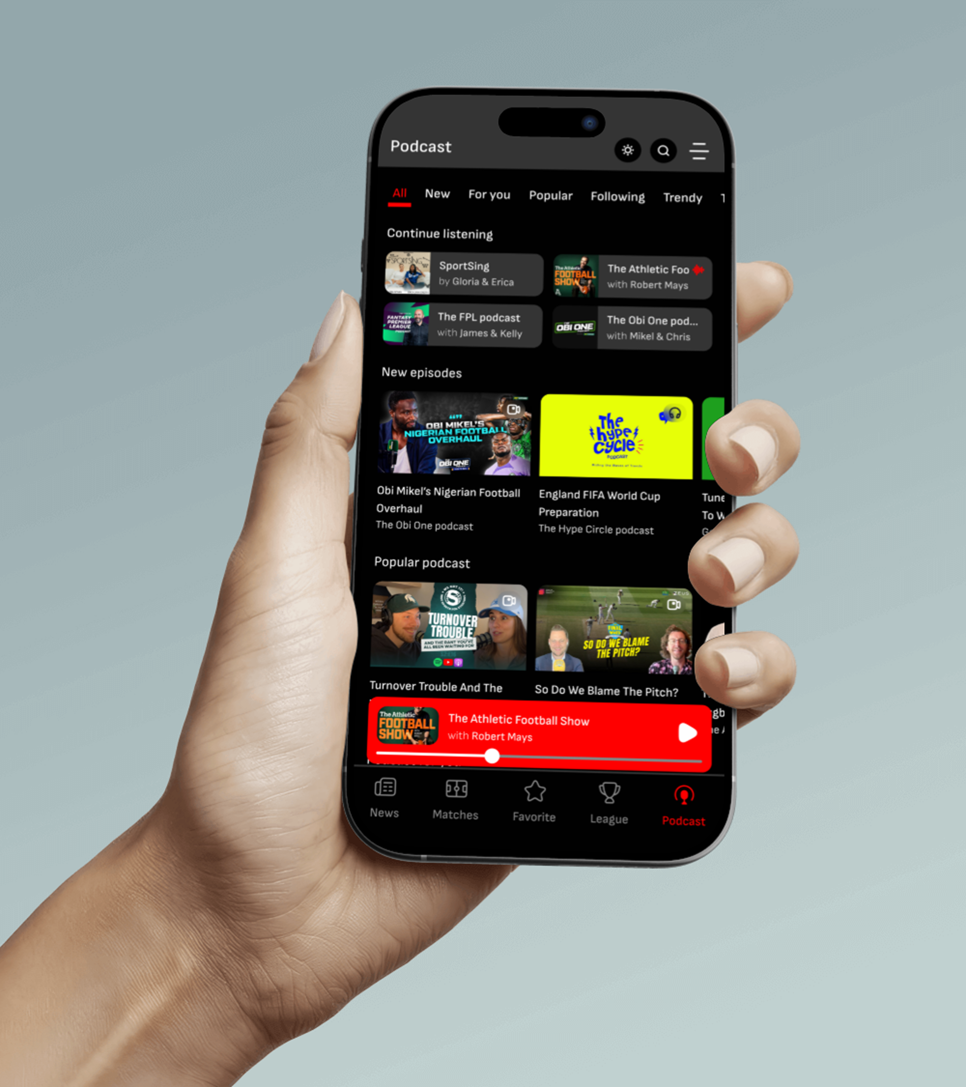 Podcast Screen from Scoreline Mobile App dark mode game score app mobile app sport news mobile app ui ui design uiux design