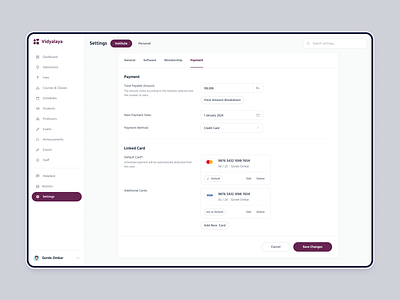 Settings add new card admin panel card form payment payment methods payment settings product design profile settings side nav ui ux website