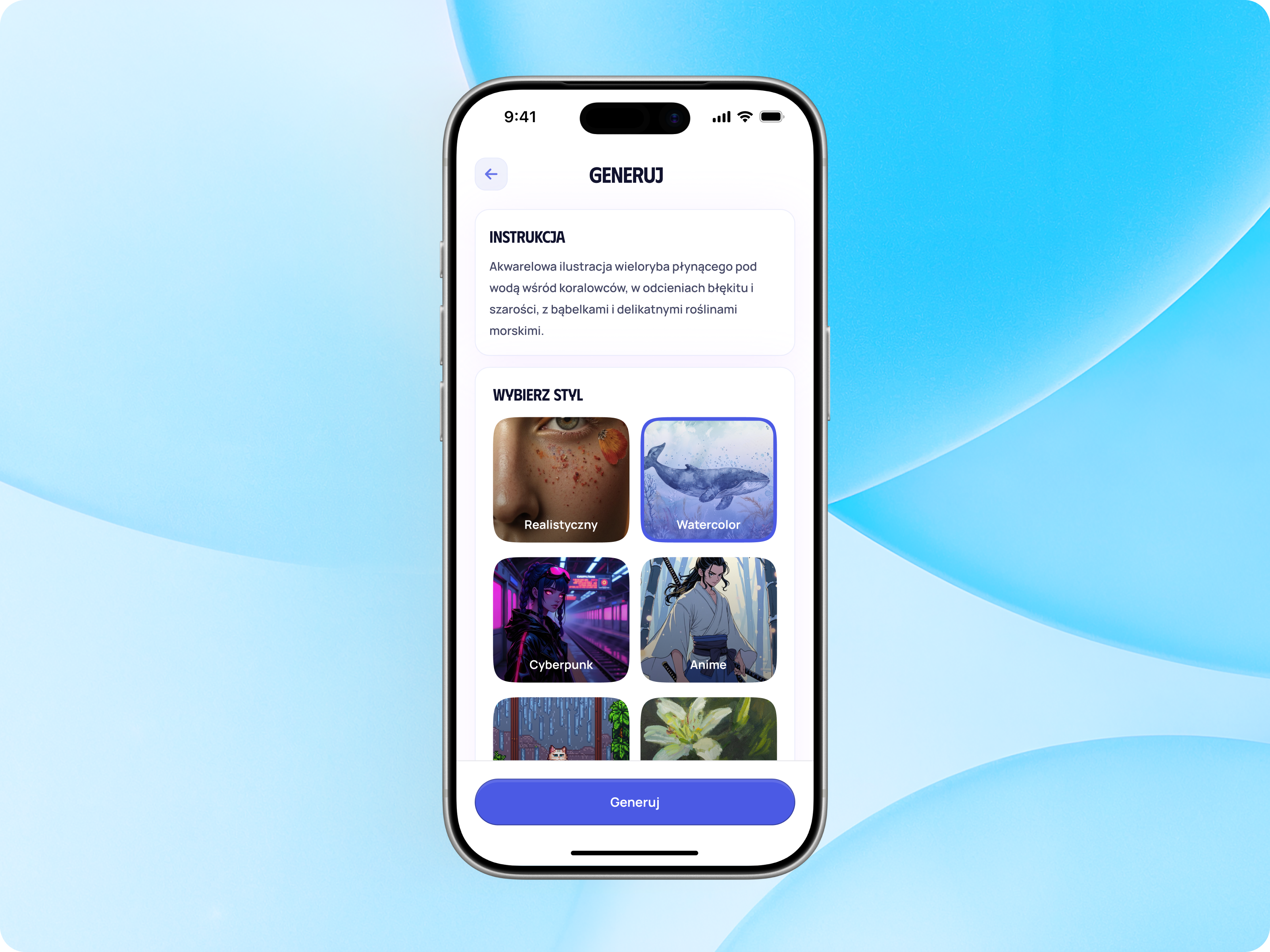 AI Image Generator — Style Selection UI, Mobile App ai ai image anime choose style cyberpunk generative ai generator image style mobile app prompt realistic ui ux
