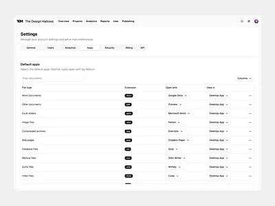 Default apps settings- The Design Hallows apps branding dashboard design settings ui ux