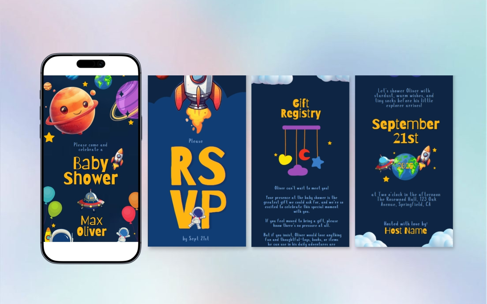 Cosmic Galaxy Baby Shower Website Template (Canva) babyshower babyshowerwebsite graphic design invitation website