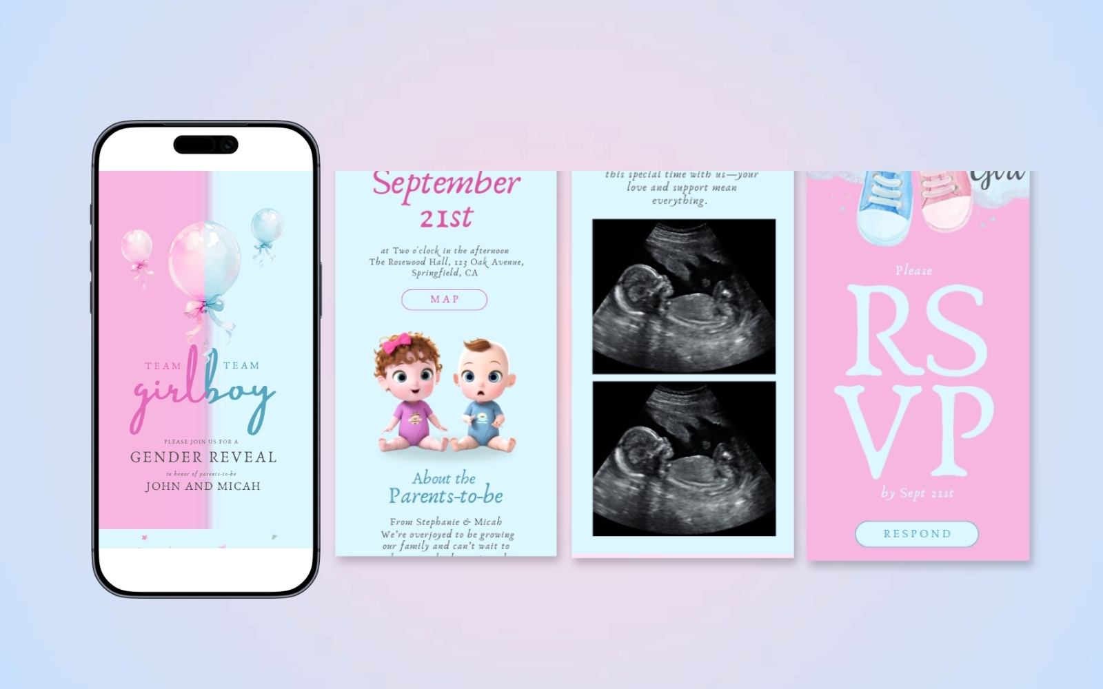 Pink and Blue Gender Reveal Invitation Template (Canva) canvatemplate design genderreveal genderrevealwebsite graphic design invitation ui