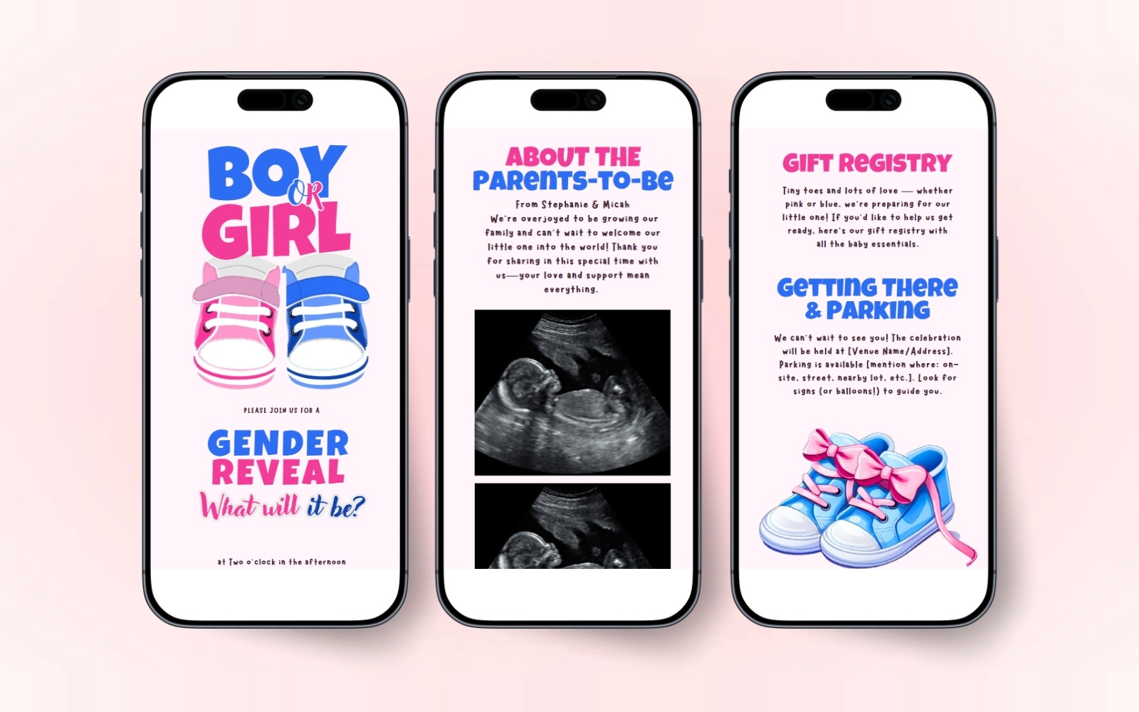 Shoes Gender Reveal Website Template (Canva) design genderreveal genderrevealwebsite graphic design invitation ui