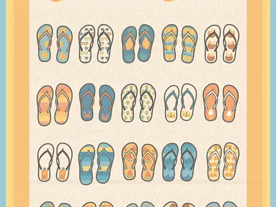 Summer Time Poster blue bright colourful flip flop illustration motifs orange pineapple poster retro sand shells summer sun sunglasses thongs watermellon waves white yellow