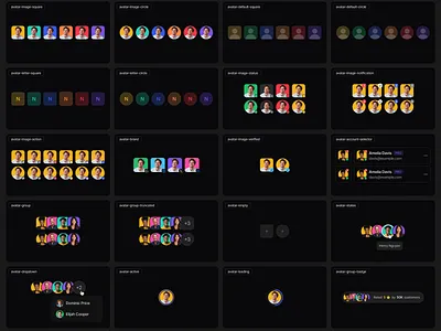 Avatar Component System | Dark account avatar avatar component avatar component system avatar types avatars brand avatar component dropdown empty states image avatar letter avatar loading notifications saas saas products status status indicator user avatar ui verification badge
