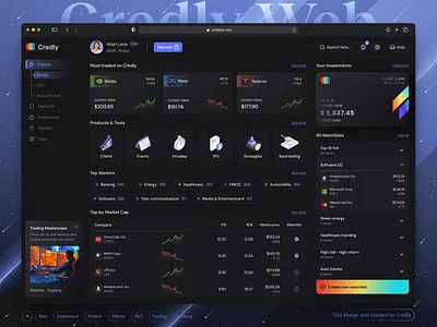 🤑Credly AI - Explore Stocks page - Fintech AI Dashboard ai app banking branding cards dark theme dashboard dashboard components finance fintech fintech ai fintech dashboard investment personal banking app product design stock page stocks ui web design webapp design website