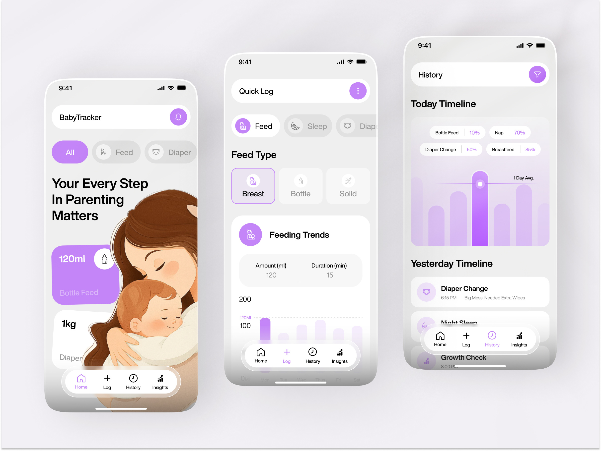 Baby Tracker & Parenting App UI Design ✦ Newborn Care Log 3d app app design baby care app baby health baby monitoring app baby tracker child care childcare app design health fitness mobile mobile app mobile ui monitoring app parent app parenting app ui design uiux uxdesign