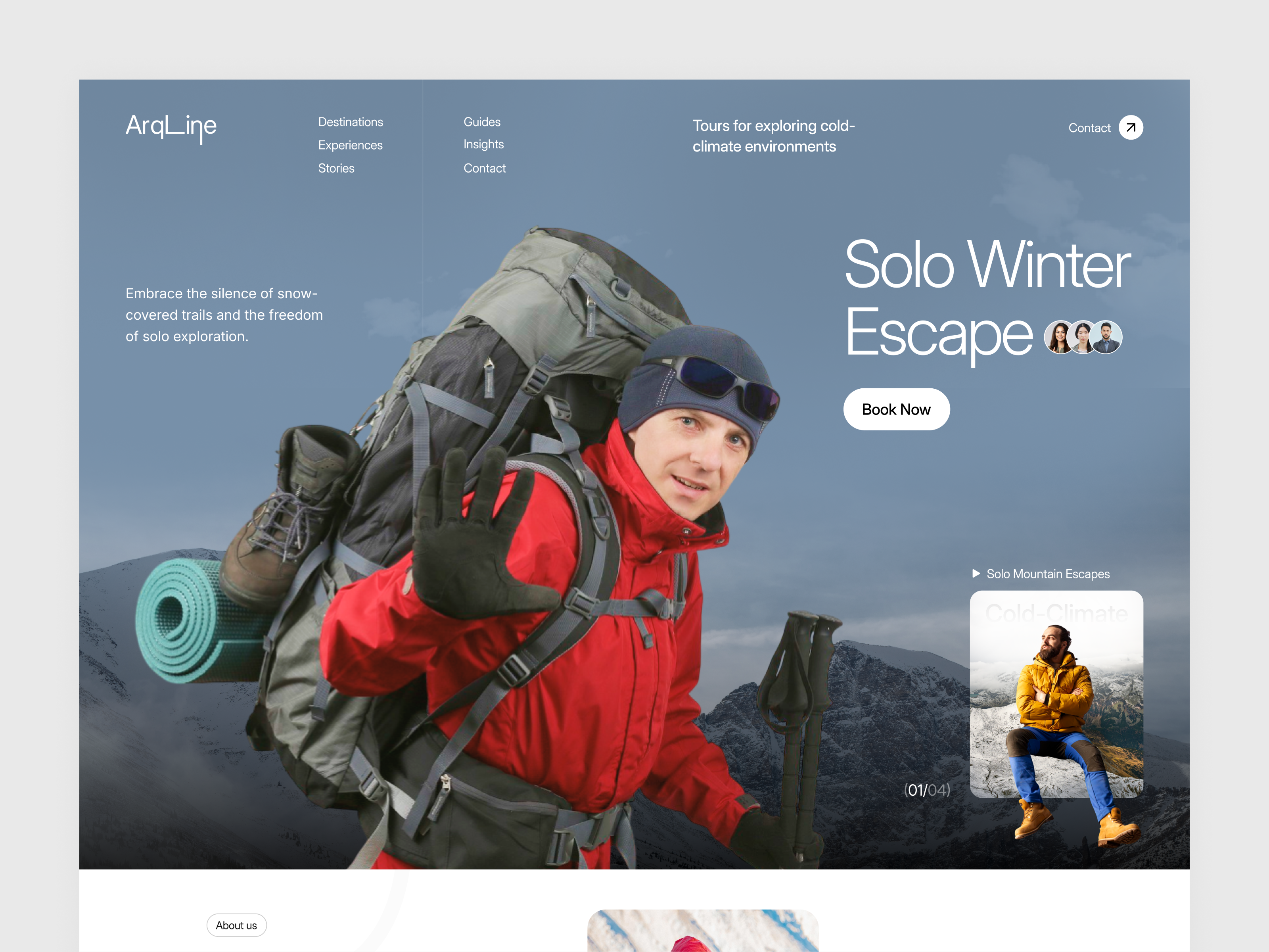 Solo Winter Travel Website UI adventure website ui landing page design minimal web design minimalist travel website design modern travel agency website ui outdoor adventure website ui product design storytelling design tour booking website tour booking website design travel agency website travel product design studio travel website design web design web design ui website website interface