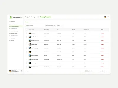 Pending Property Requests FractionAcre Admin admindashboard approvalworkflow branding clean ui datatable design fractionacre illustration pendingrequests productdesign propertymanagement proptech saasdesign uidesign uxdesign webappdesign