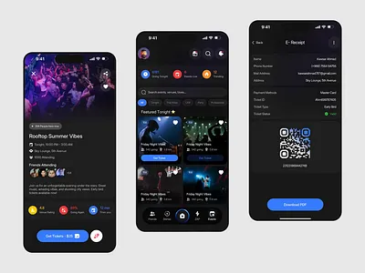 Social Event Discovery & Ticket Booking App UI animation app app concept app design concept design concert party app ui dark mode mobile app ui event booking mobile app ui event discovery app design event management app interface ios app mobile mobile ui motion graphics music event app ui party app product design qr ticket app ui ticket booking app ui ux user interface