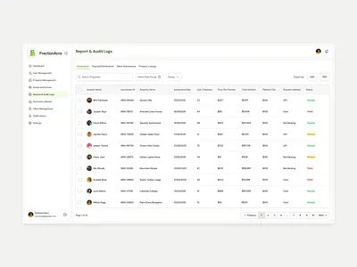 Reports & Audit Logs – Investments | FractionAcre admindashboard adminpanel auditlogs datatable fintechui fractionacre investmentreports productdesign proptech reports saasdesign uidesign uxdesign webappdesign webdesign