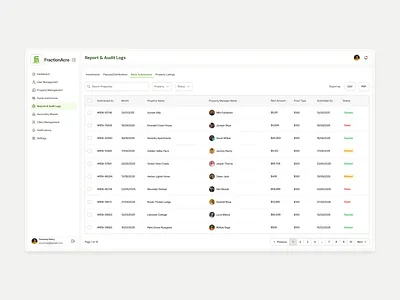 Rent Submissions Report | FractionAcre admindashboard app design auditlogs clean ui fractionacre productdesign proptech realestateapp rentreporting rentsubmissions reports saasdesign uidesign uxdesign webappdesign