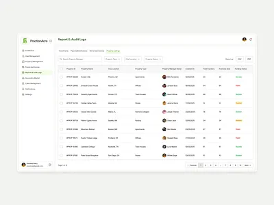 Property Listings Report | FractionAcre admindashboard auditlogs datatable fractionacre investmentplatform productdesign propertylistings proptech reports saasdesign uidesign uxdesign webappdesign
