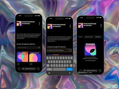 Intersectional Archives continous creation app archive branding colorfull colors dark filter filters flat graphic design logo minimal mobile night process scroll theme ui ux web