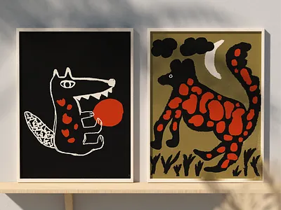 FOX & DOG ILLUSTRATION SERIES abstract animals dog folk art fox graphic design hand drawn illustration illustrations line art organic playful print prints texture