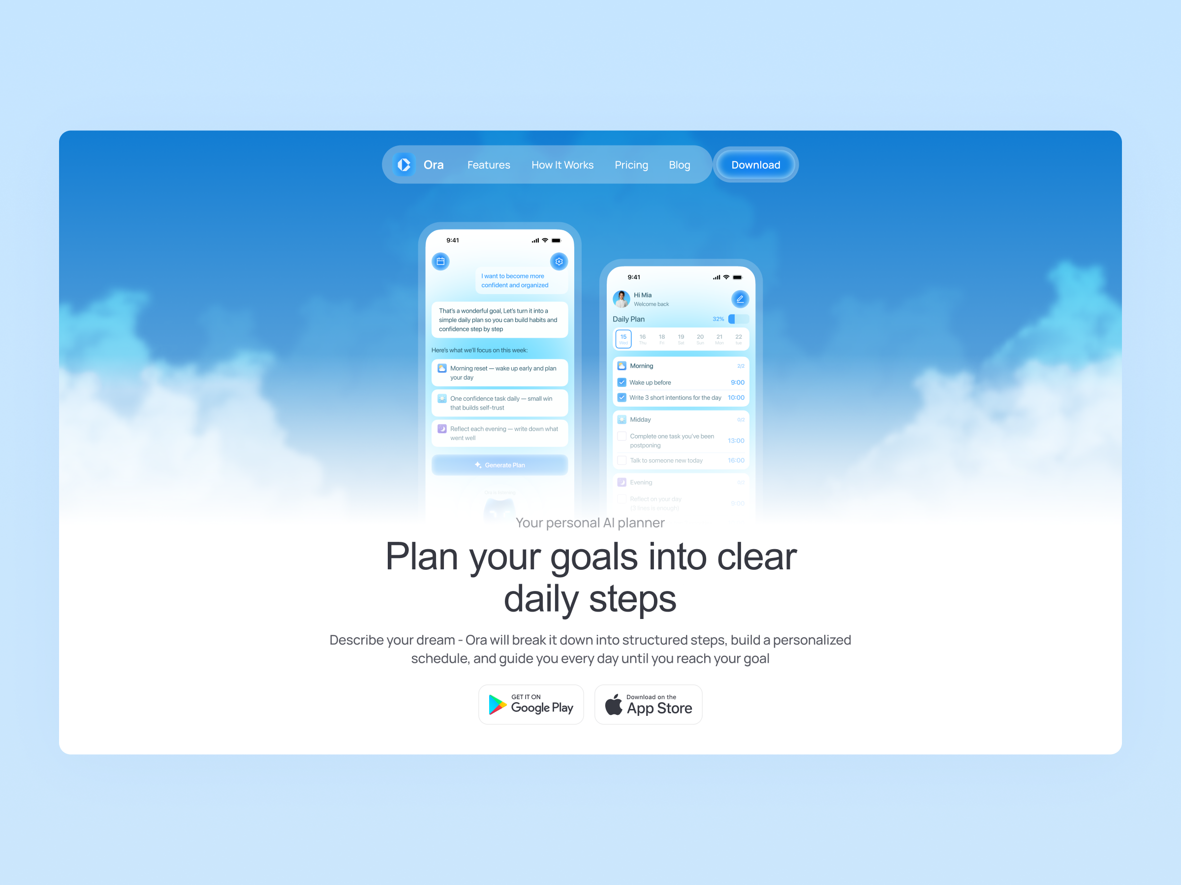 Ora — Your Personal AI Planner app clear design goals hero landing mobile mobile app page plan saas ui ux web web design