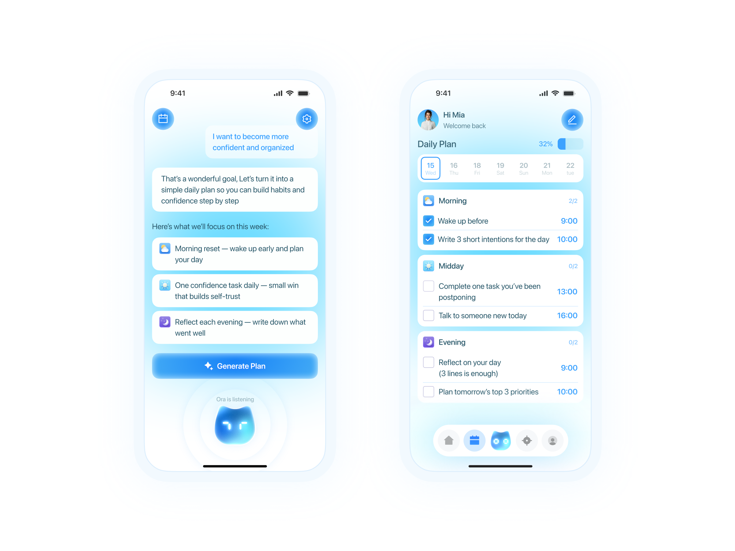 Ora — AI Daily Planning Made Simple ai app blue button check checklist clean daily focused goals graphic design mobile ora plan saas ui ux