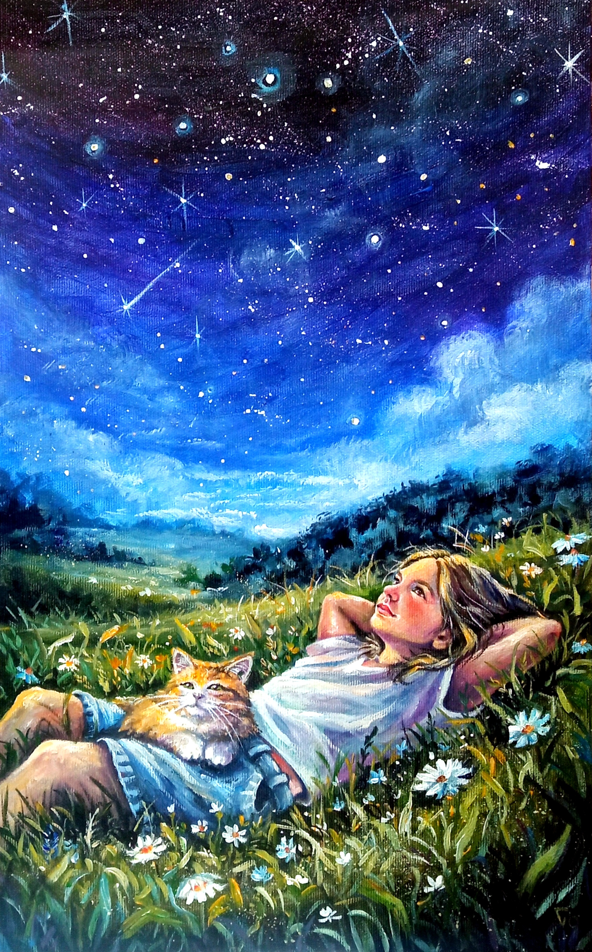 Original Acrylic Canvas Painting, Girl and Cat, Nature, Fantasy art cat girl hand painted handmade nature paint painting sky ukraine