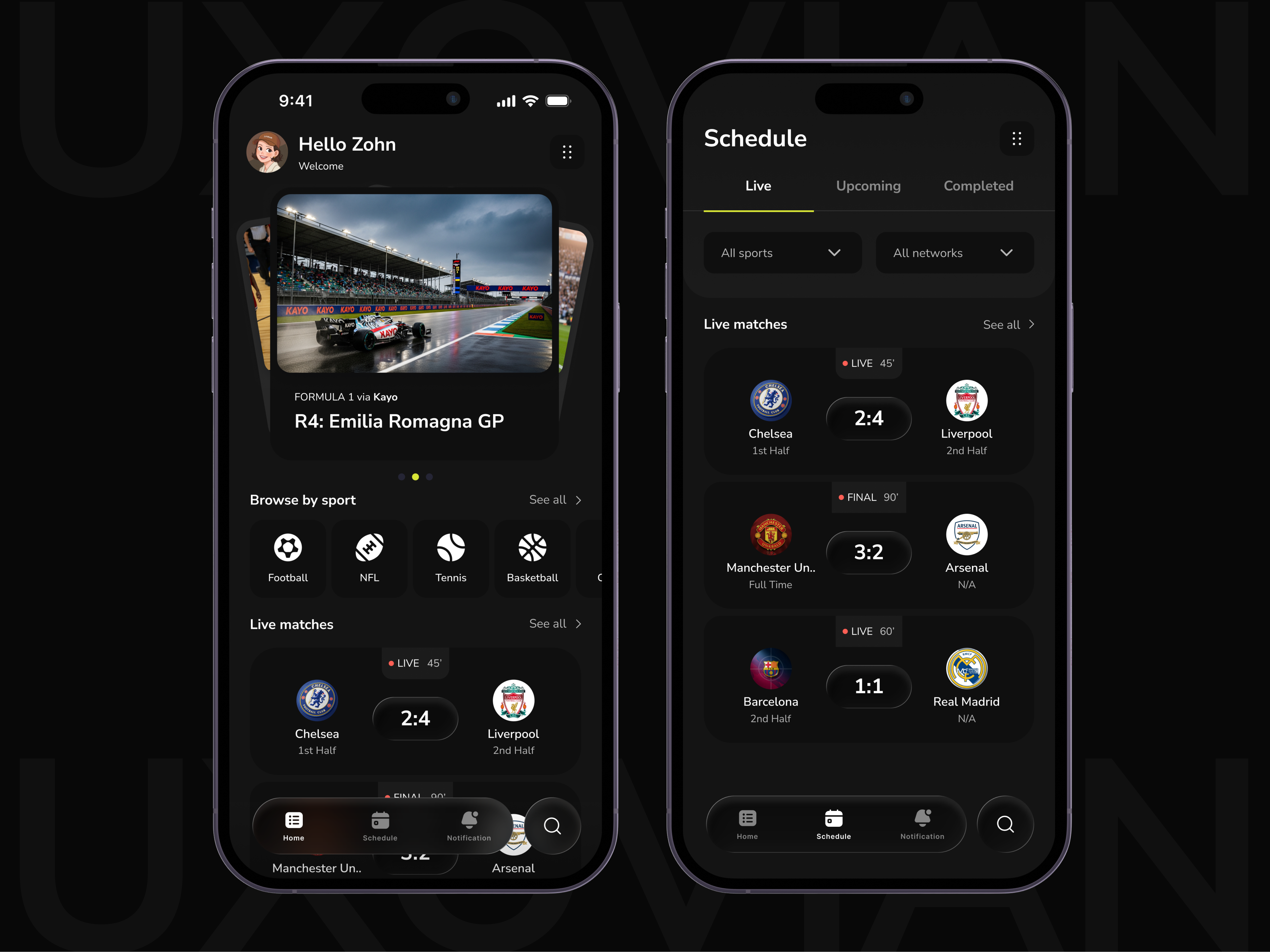 Example of Dark Mode Sports App UI
