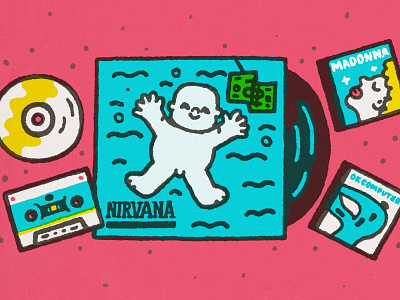 Nirvana, Radiohead, Madonna 00s 90s album audio cartoon curt cobain cute disc doodle fun illustration japanese kawaii madonna music album nevermind nirvana radiohead retro stuff