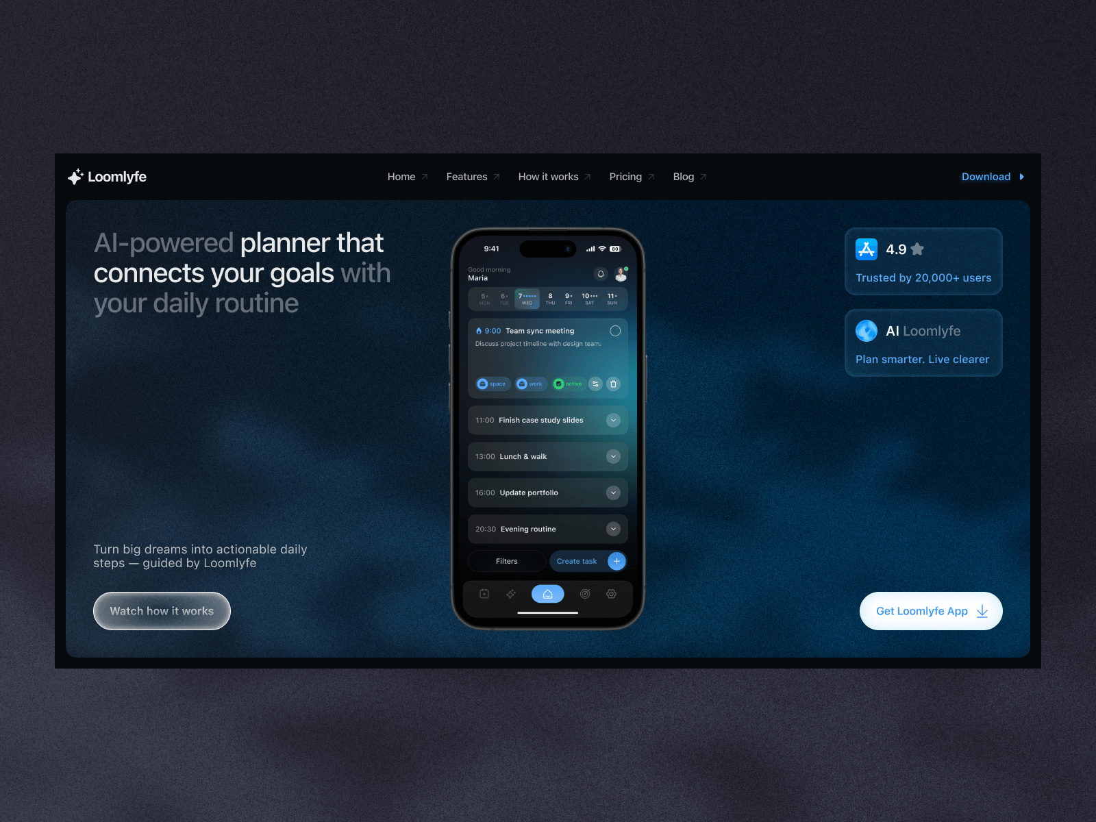 AI-Powered Daily Planner App – Loomlyfe Hero Screen ai dark focus goal hero landing page planer product design saas schedule app task tracking ui web web design website