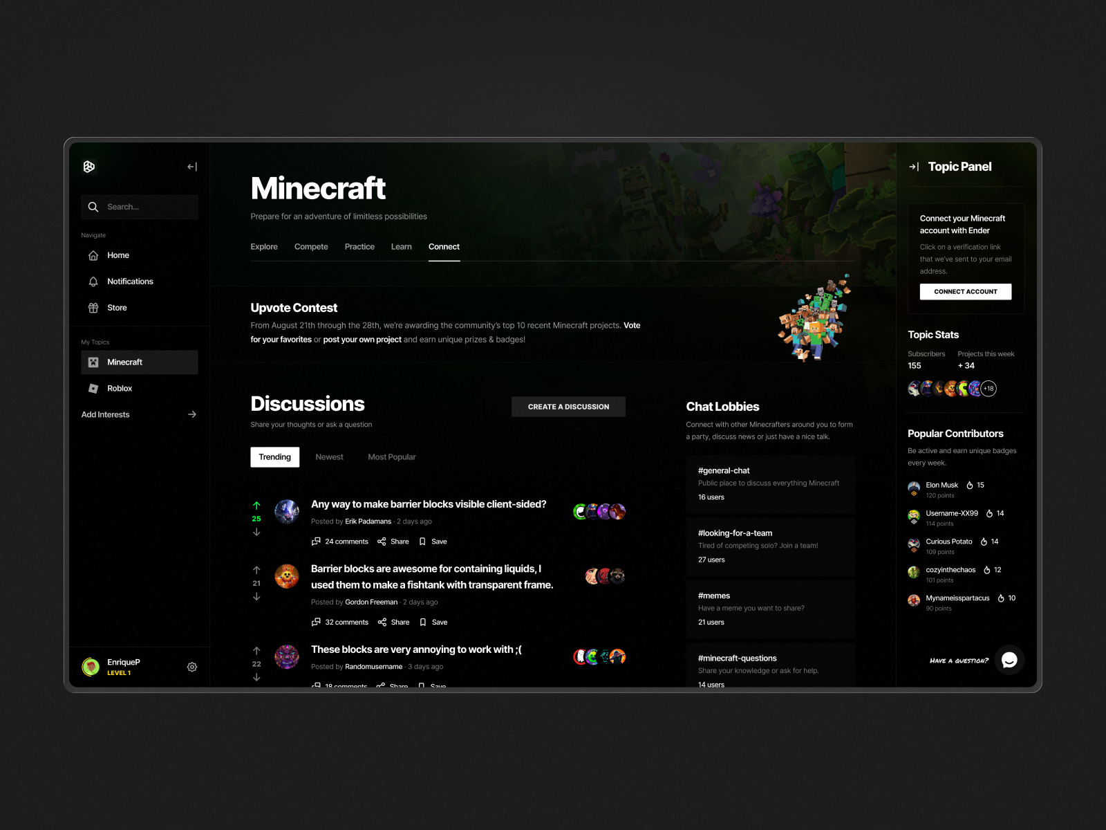 Minecraft Gaming Discussions Dashboard UI black dashboard dark dashboard education website esports website game dashboard game design game design website game startup game ui game website design gaming gaming app gaming dashboard gaming forum gaming platform gaming site gaming website gaming websites kids minecraft