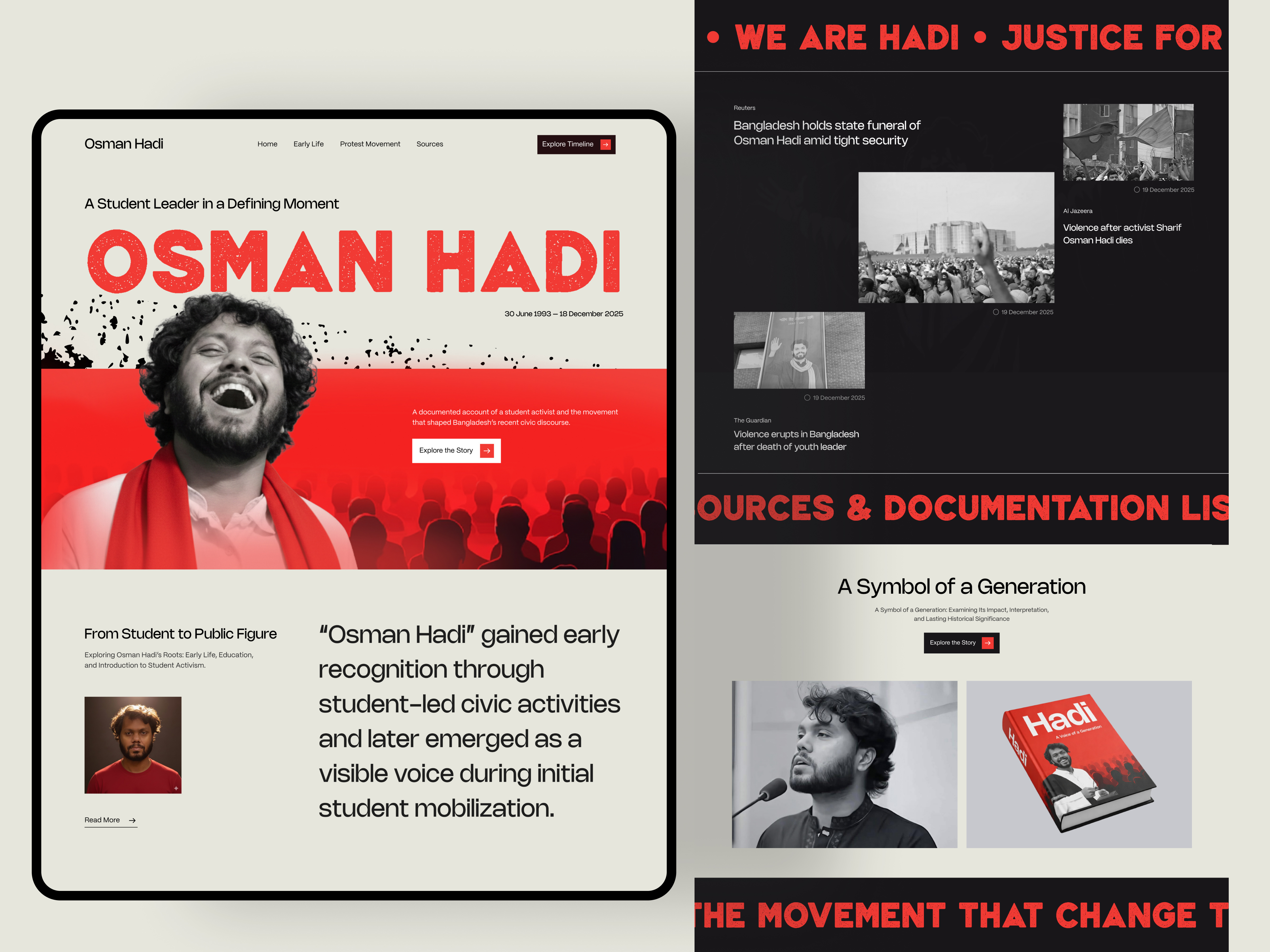 Historical Documentary Landing Page 2026 web design bangladesh based agency bold ui design documentary website historical historical website history website justice for hadi osman hadi osman hadi website ui design uiux design ux design we are hadi we want justice web design website design website ui wonklab
