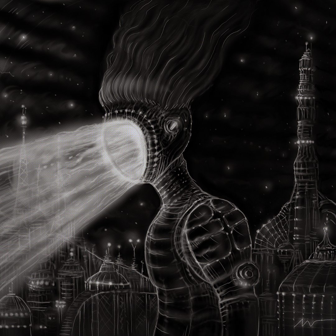 "Walking Lighthouse" art black and white branding character color pencil cover dark design draw dream fantasy future illustration lighthouse music strange water ink