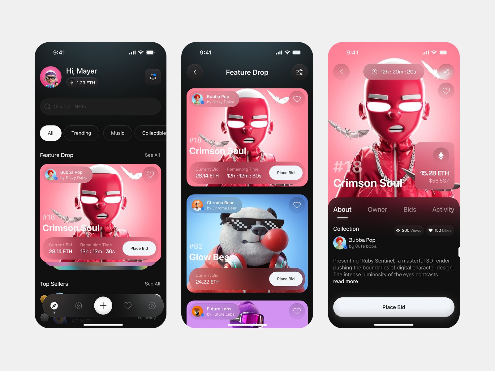 NFT Marketplace App - Dark Mode animation mobile app motion graphics nft app product design ui uiux