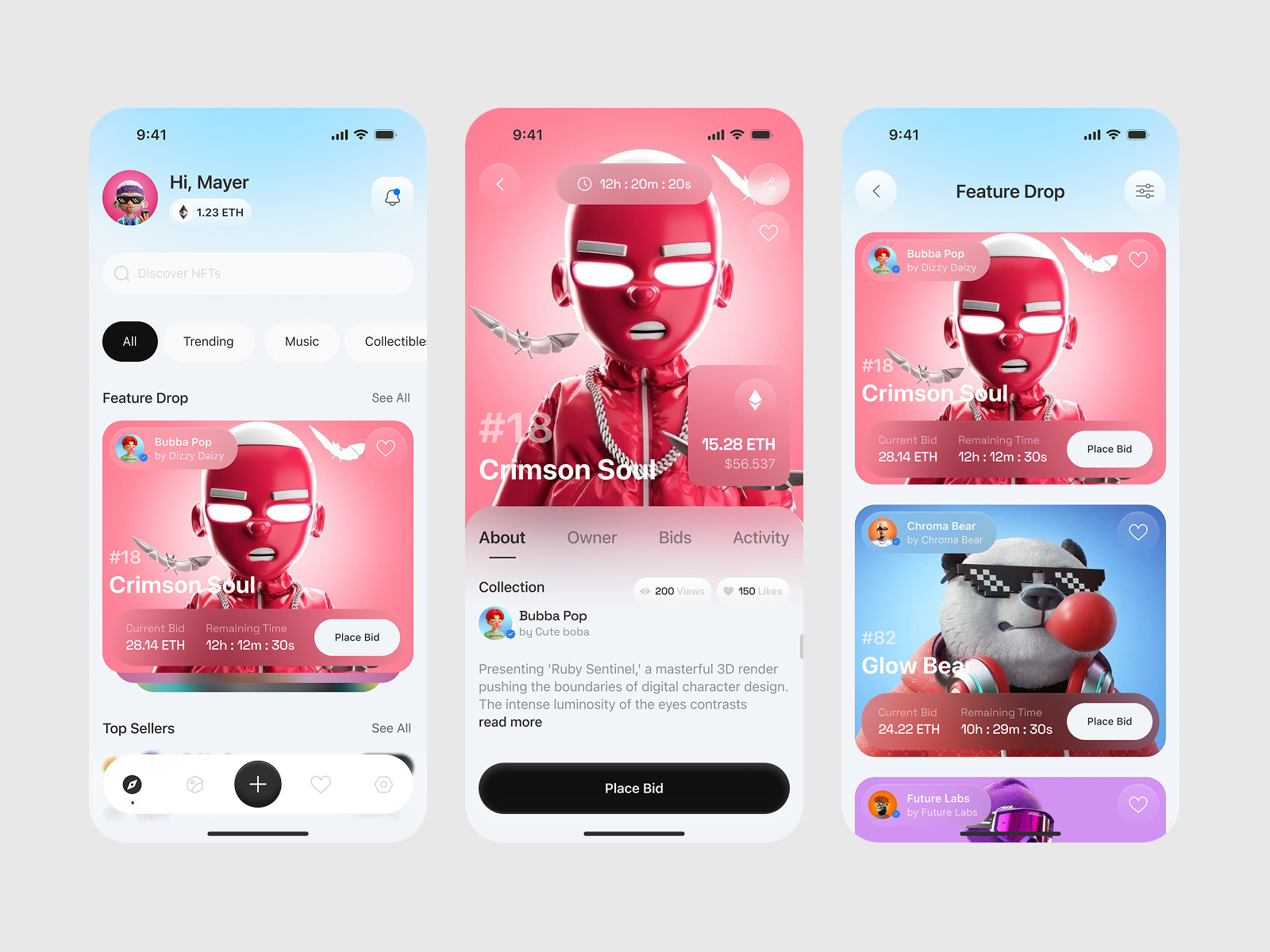 NFT Marketplace App - Light Theme crypto mobile app motion graphics nft product design ui ux