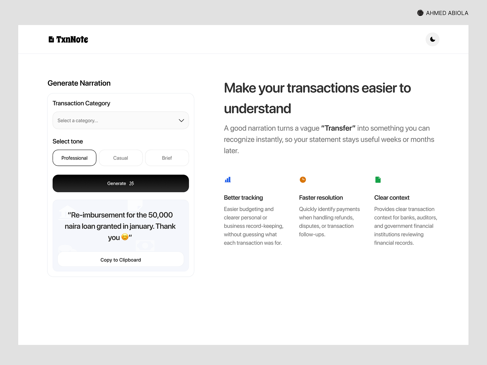 Transaction Note Generator by Abiola Ahmed on Dribbble